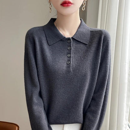 Polo Neck Pullover 100% Merino Wool Women's Solid Color Knit Top Fashion Korean Sweater Autumn and Winter Women's Clothes
