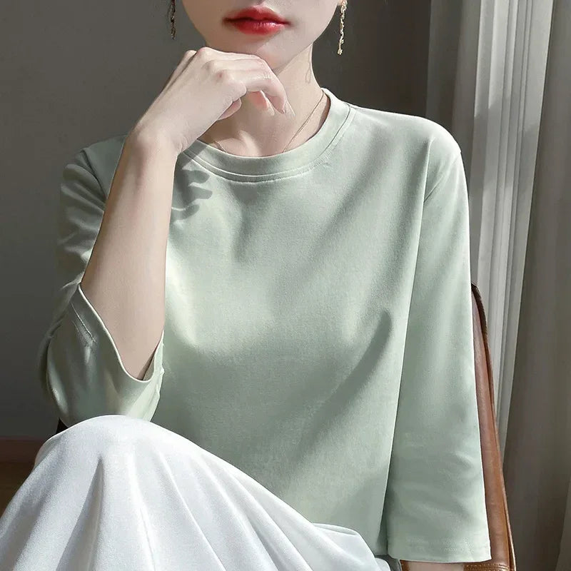 Mercerized Cotton Cropped Sleeve Female Spring And Summer 2023 New Round Neck Loose 100% Cotton Short Sleeve Bottoming T-Shirt