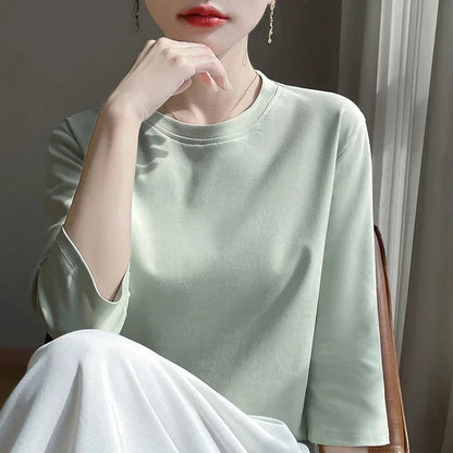 Mercerized Cotton Cropped Sleeve Female Spring And Summer 2023 New Round Neck Loose 100% Cotton Short Sleeve Bottoming T-Shirt