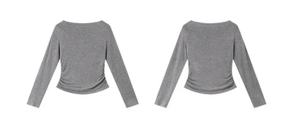 VIMLY Tops Woman 2025 Autumn French Slash Neck Long Sleeve Ladies T-shirts Casual Knitted Slim Fit Strecth Female Tees A3039
