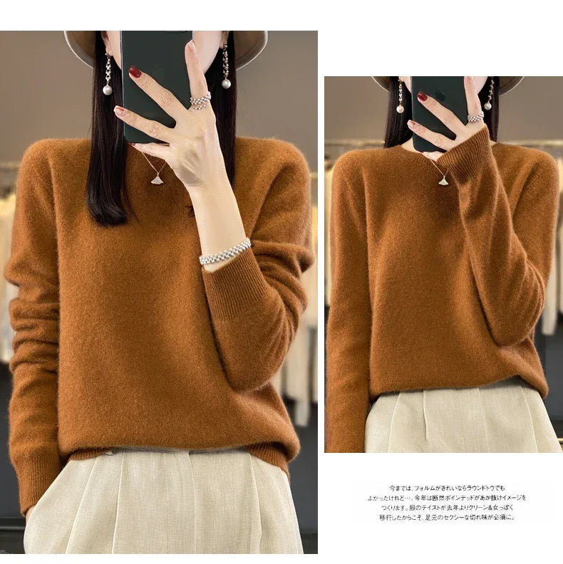 100% Merino Wool Sweater Women O-neck Cashmere Knitwear Female Pullover Autumn Winter Casual Tops Solid Color Soft  Clothing