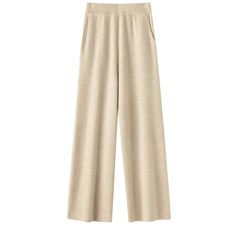 Elegant Pure High Waist Drooping Wide-Leg Pants Women's Outer Wear with Pockets Baggy Straight Trousers Knitted Mop Trousers