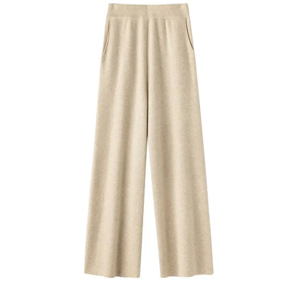Elegant Pure High Waist Drooping Wide-Leg Pants Women's Outer Wear with Pockets Baggy Straight Trousers Knitted Mop Trousers