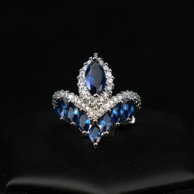 Premium and exquisite crown shaped design water droplet sapphire rings for women luxurious wedding silver 925 blue ring jewelry