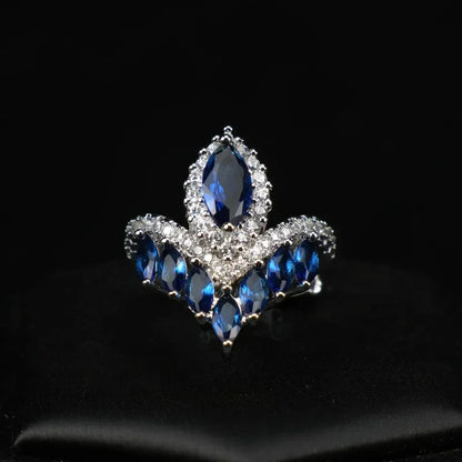 Premium and exquisite crown shaped design water droplet sapphire rings for women luxurious wedding silver 925 blue ring jewelry