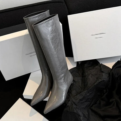 QUTAA News Fashion Winter Women Knee High Boots Pointed Toe Woman Shoes Low Kitten Heels Cow Leather Long Boots Dress Size 34-43