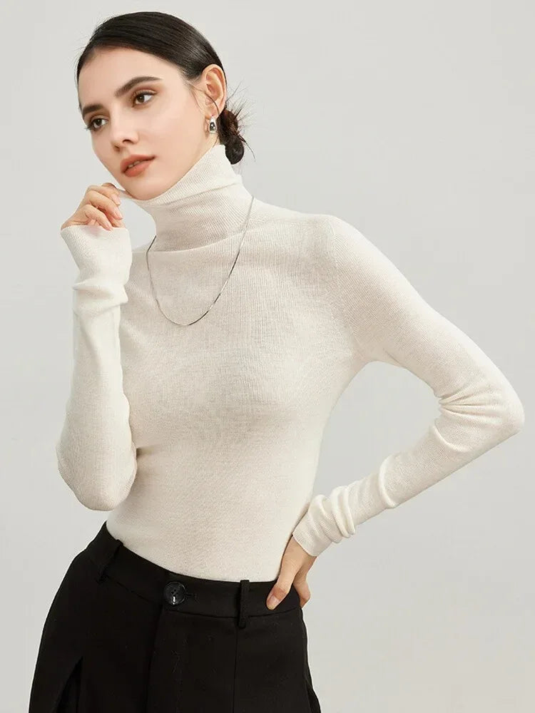 SuyaDream, Women Turtleneck Pullovers, 100%Merino Wool, High Collar, Whole Garment Sweaters, 2025 Fall Winter Slim Warm Top