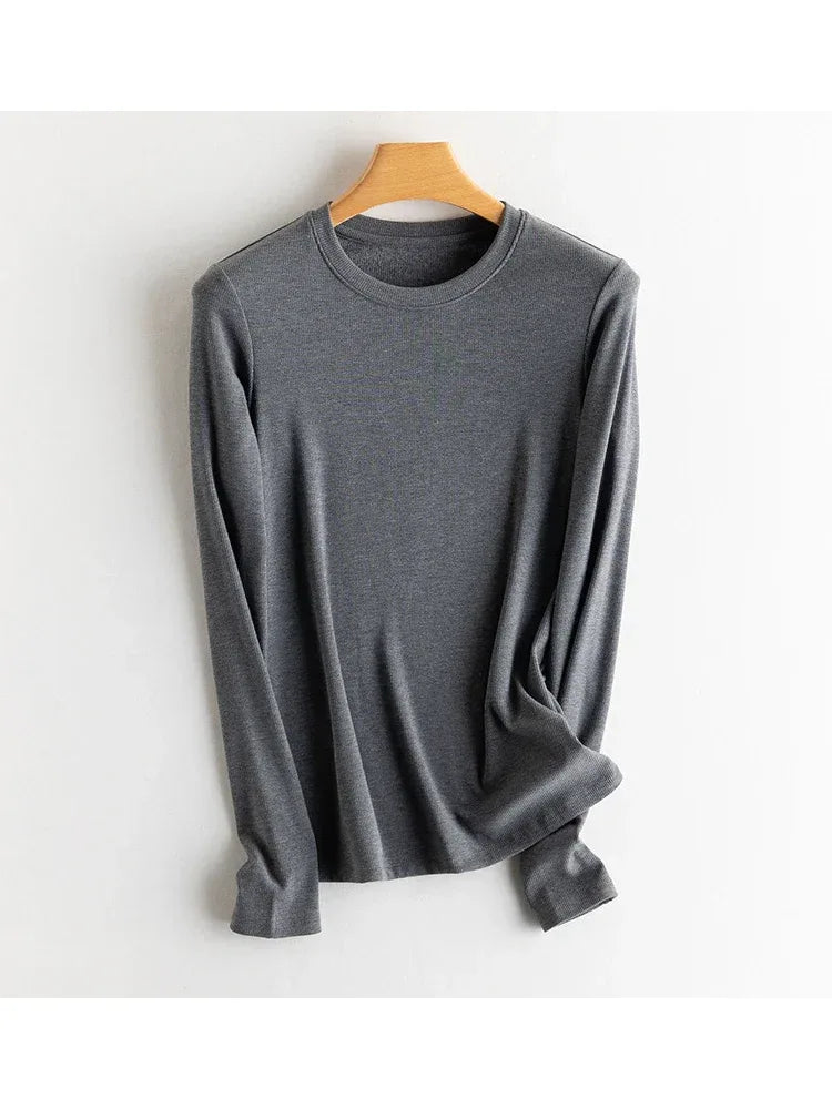 SuyaDream, Women Bottoming T Shirt, Silk Viscose Blend, Long Sleeves, Solid Basic Thermal  Shirt, 2024 Autumn Winter Top