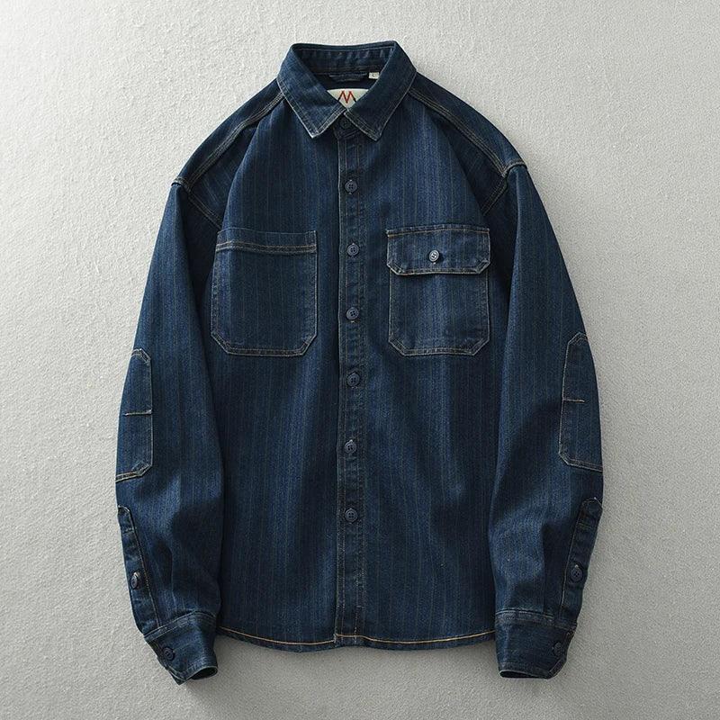 Retro Japanese Sle Men's Denim irt Cotton Long Sve Waed Striped Workwear Loose Fit Outerwear Faion Urban Youth