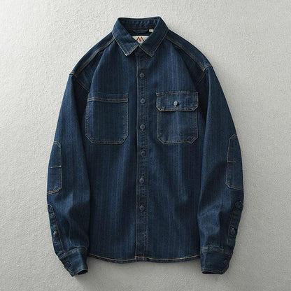 Retro Japanese Sle Men's Denim irt Cotton Long Sve Waed Striped Workwear Loose Fit Outerwear Faion Urban Youth
