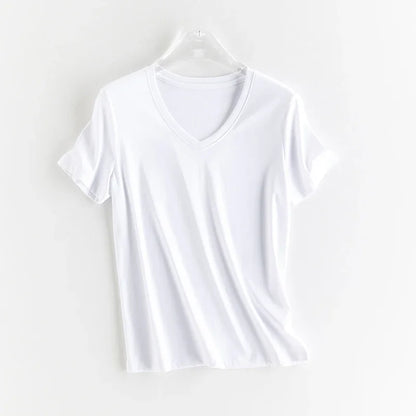High-end New 10% Silk & Mercerized Cotton Women T-shirt Luxury Tee Short Sleeve Silky Feeling Summer Wear 2025 Tops V / O-neck