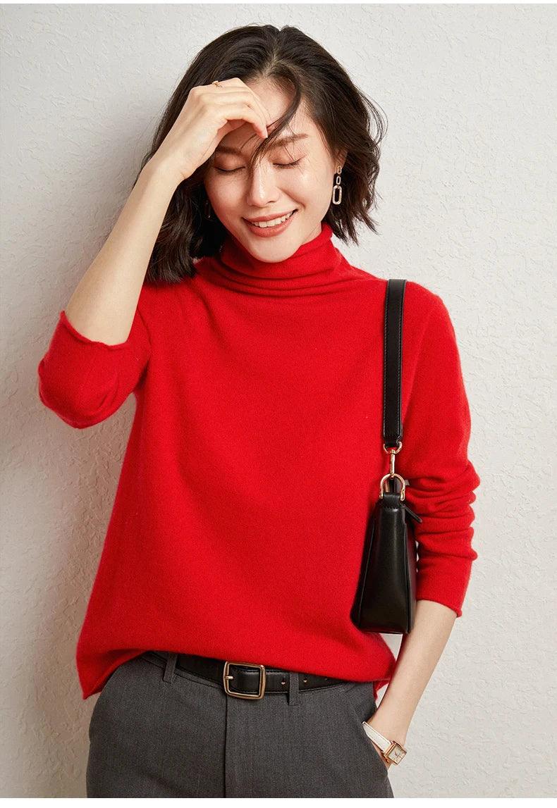 100%Merino Pure Wool Sweater Women's AutumnWinter Long Sleeve High Neck Pullover Warm High Quality Solid Color Basic Knit Jumper