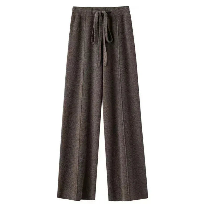 Women Merino Wool Knitted Wide Leg Pants Autumn Winter Basic Soft Warm Cashmere Knit Trousers Casual Simple Style Korean