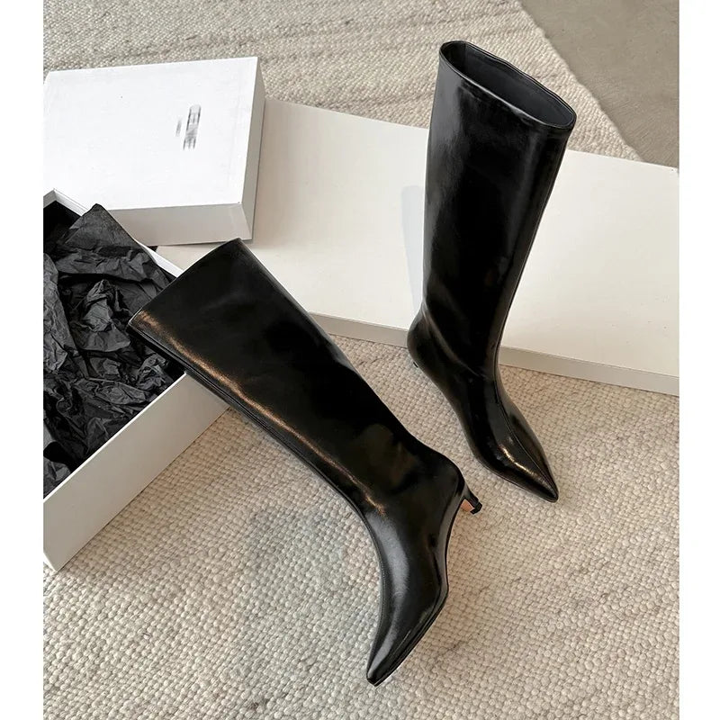 QUTAA News Fashion Winter Women Knee High Boots Pointed Toe Woman Shoes Low Kitten Heels Cow Leather Long Boots Dress Size 34-43
