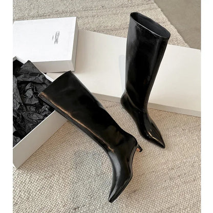 QUTAA News Fashion Winter Women Knee High Boots Pointed Toe Woman Shoes Low Kitten Heels Cow Leather Long Boots Dress Size 34-43