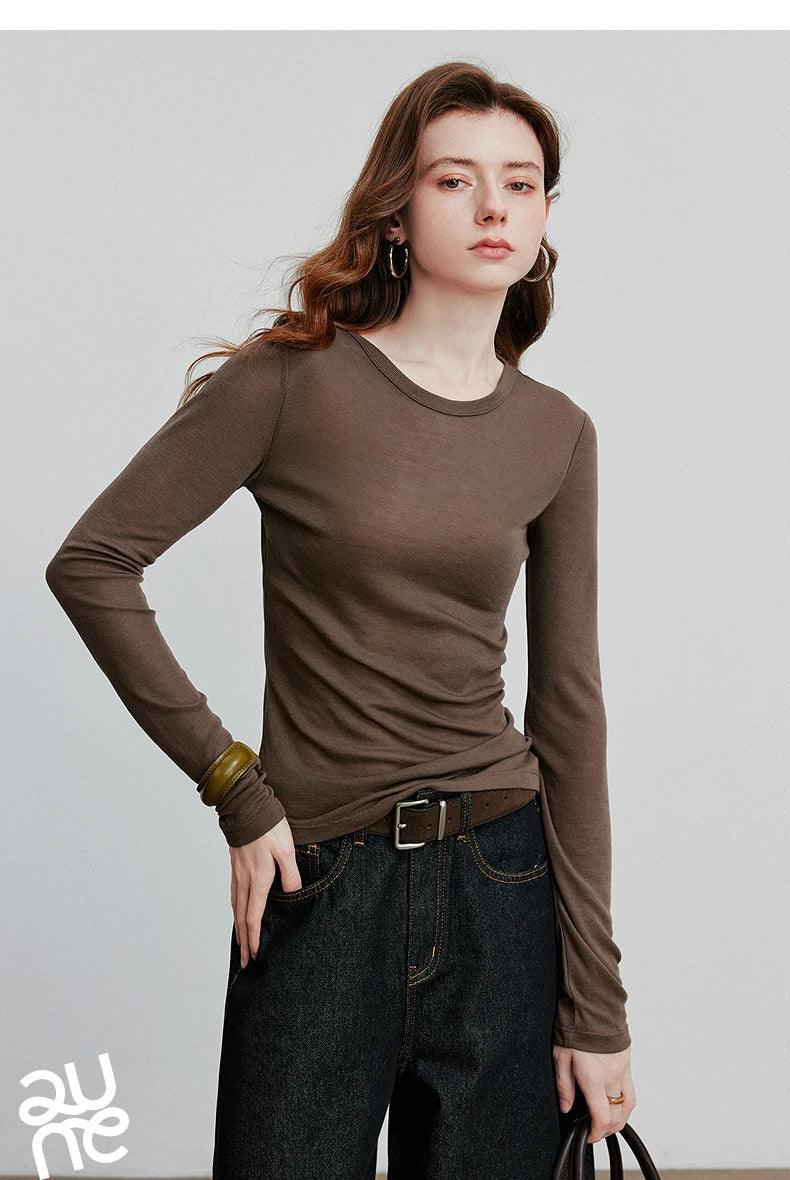 TOYOUTH Women T-shirt  2025 Autumn New Slanted Hem Lyocell Wool Slim Fit Long Sleeve Base Tops
