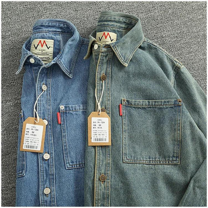 American Casual Men's Long Sve Denim irt Pure Cotton Heavyweight Waed Vintage Workwear Layering irt Jaet