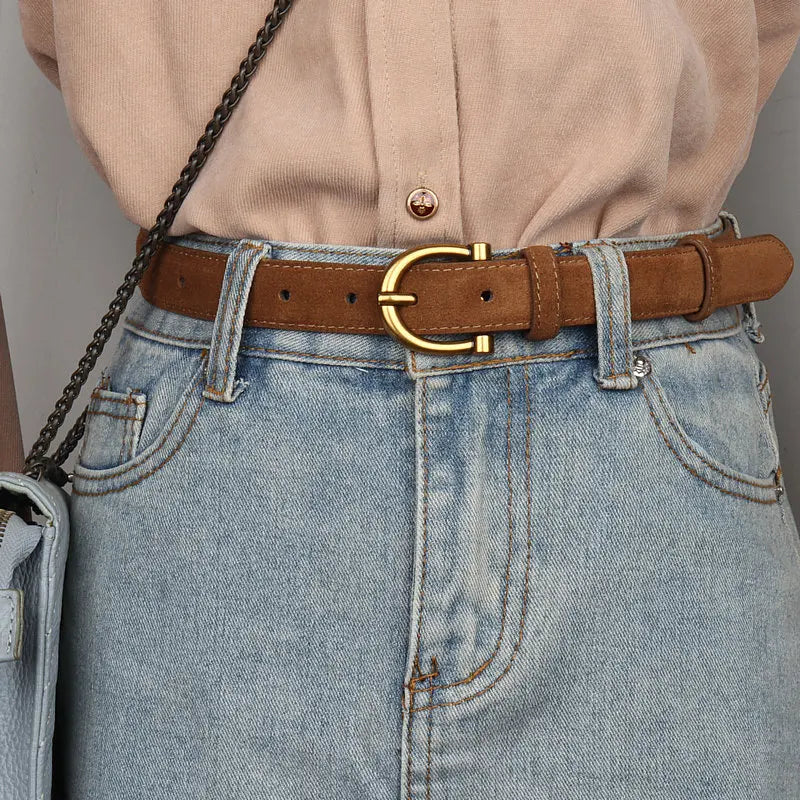 Genuine Leather Suede Women Belt Fashion Skinny Waistband Retro Gold Buckle Brown Belts for Jeans Pants
