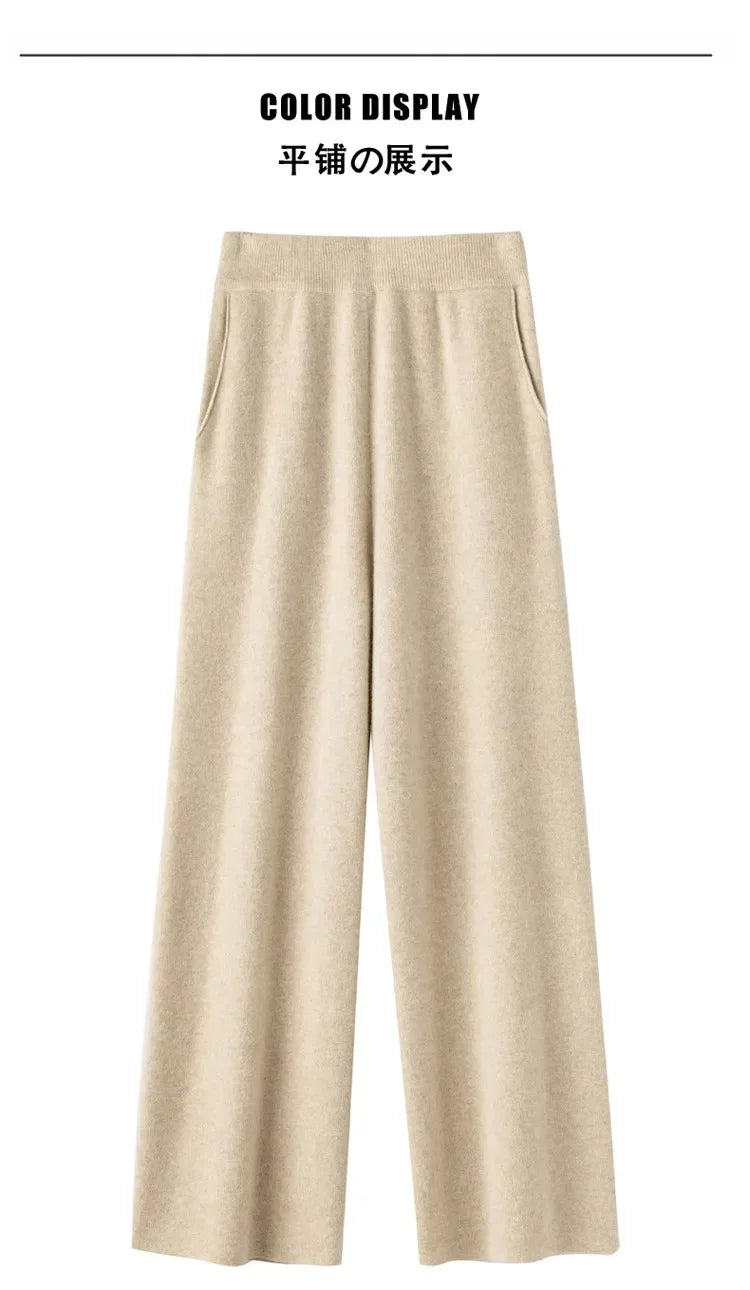 Elegant Pure High Waist Drooping Wide-Leg Pants Women's Outer Wear with Pockets Baggy Straight Trousers Knitted Mop Trousers