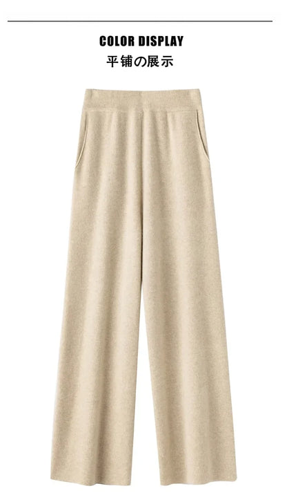 Elegant Pure High Waist Drooping Wide-Leg Pants Women's Outer Wear with Pockets Baggy Straight Trousers Knitted Mop Trousers