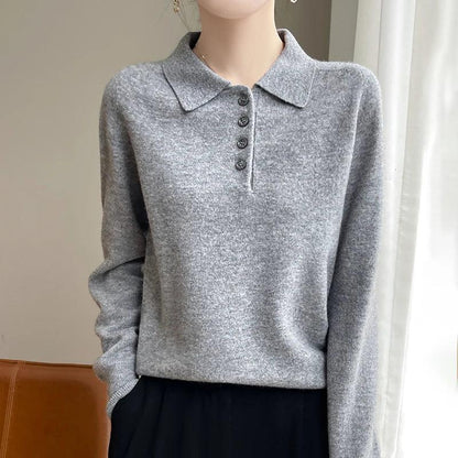 Polo Neck Pullover 100% Merino Wool Women's Solid Color Knit Top Fashion Korean Sweater Autumn and Winter Women's Clothes