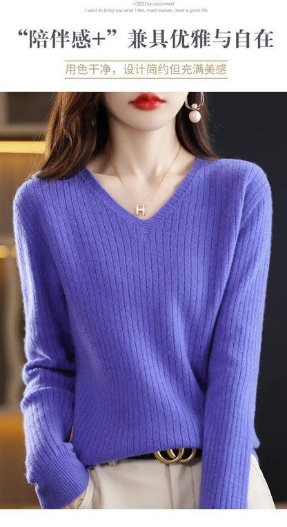 Chic Casual Autumn Winter Basic Sweater Pullovers Women V-neck Solid Knit Loose Pullover Female Long Sleeve Warm Khaki Sweater