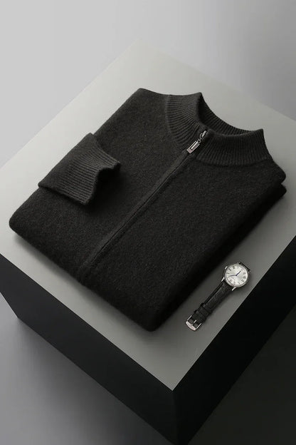 100% Merino Wool Men's Warm Sweater Mock Collar Thickened Zippered Cardigan Autumn Winter New Cashmere Knitted Long Sleeve Tops