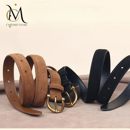 Genuine Leather Suede Women Belt Fashion Skinny Waistband Retro Gold Buckle Brown Belts for Jeans Pants