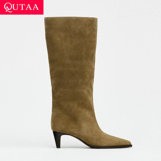 QUTAA Fashion Winter Women Knee High Boots Cow Suede Autumn Shoes Pointed Toe Buckles Chunky High Heels Motorcycle Boots 34-43