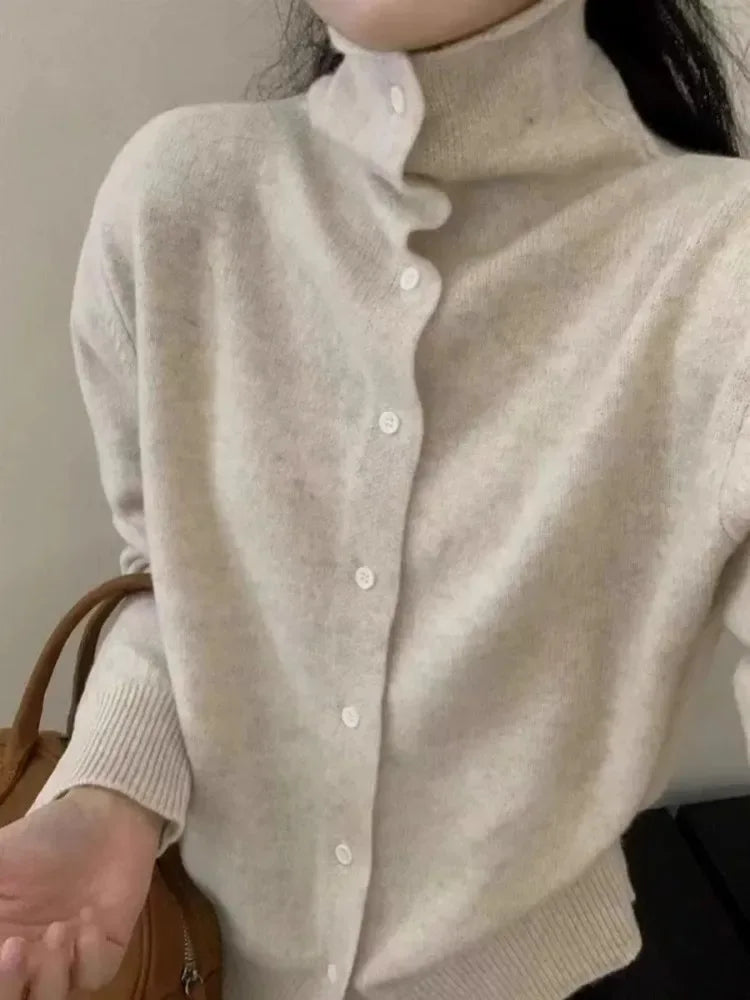 French-style high-neck 100 pure cashmere knitted cardigan for women's autumn and winter loose sweater with wool base coat