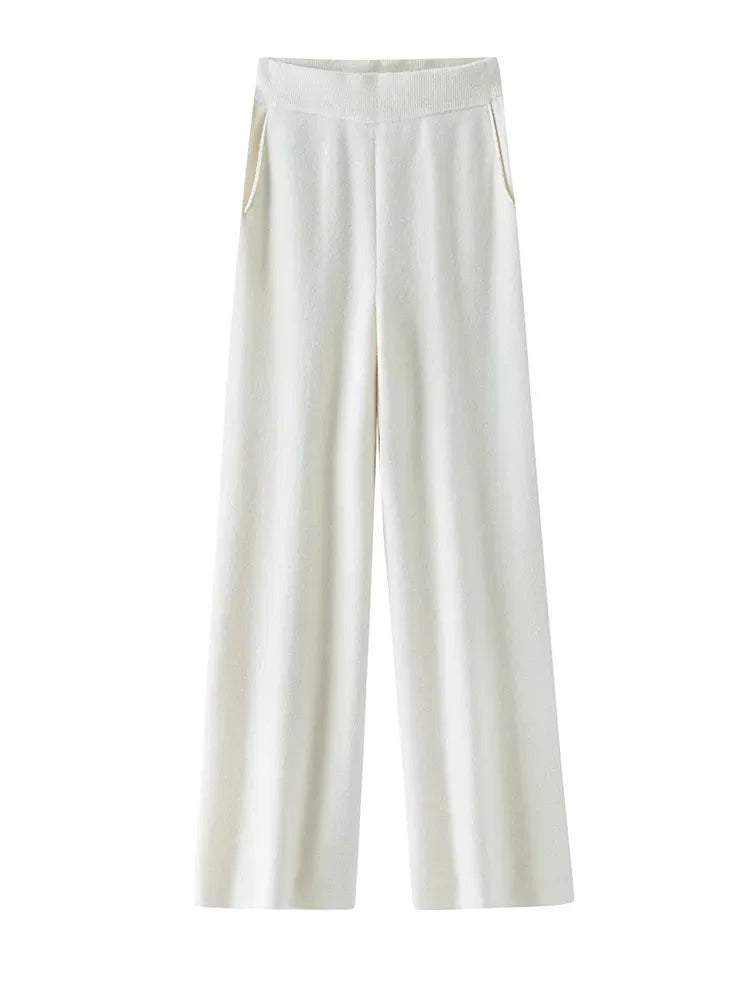 Elegant Pure High Waist Drooping Wide-Leg Pants Women's Outer Wear with Pockets Baggy Straight Trousers Knitted Mop Trousers