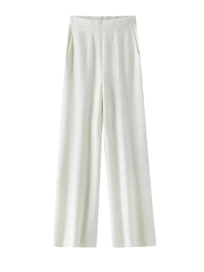 Elegant Pure High Waist Drooping Wide-Leg Pants Women's Outer Wear with Pockets Baggy Straight Trousers Knitted Mop Trousers