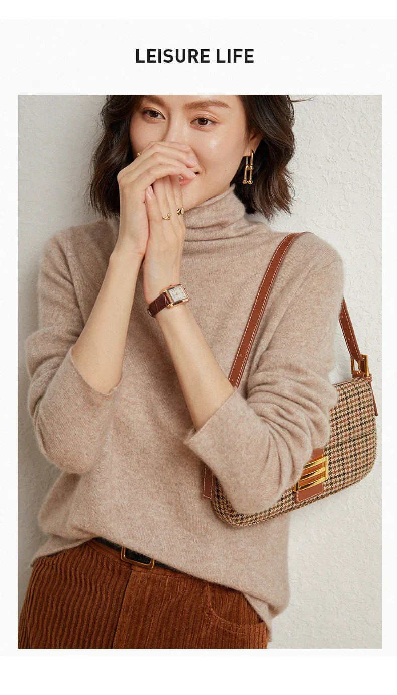 100%Merino Pure Wool Sweater Women's AutumnWinter Long Sleeve High Neck Pullover Warm High Quality Solid Color Basic Knit Jumper