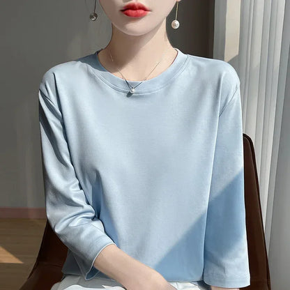 Mercerized Cotton Cropped Sleeve Female Spring And Summer 2023 New Round Neck Loose 100% Cotton Short Sleeve Bottoming T-Shirt