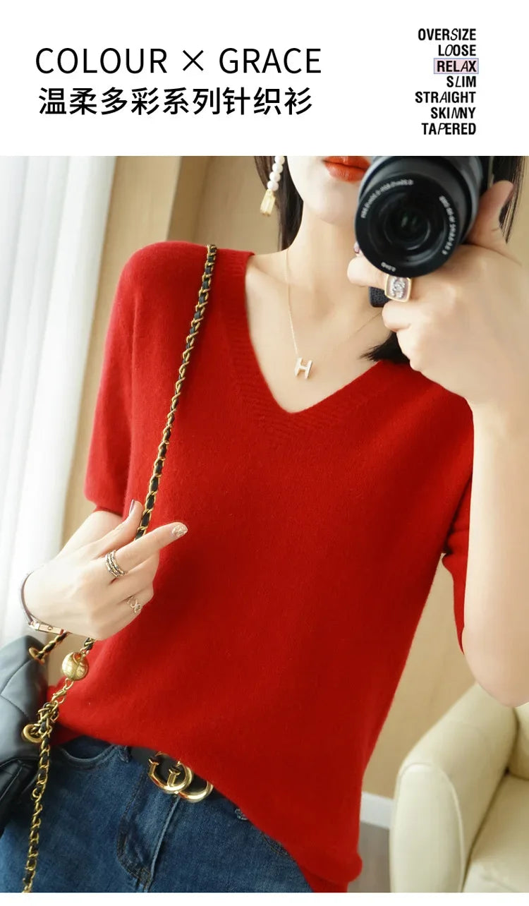 Spring/Summer 2025 Ladies Sweater Pullover Solid Color V-neck Half-sleeved Knitted Cashmere Sweater Thin Casual Top