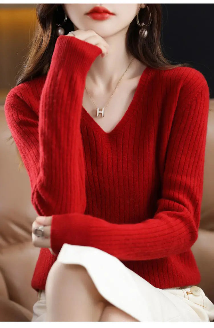 Chic Casual Autumn Winter Basic Sweater Pullovers Women V-neck Solid Knit Loose Pullover Female Long Sleeve Warm Khaki Sweater
