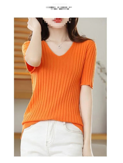 2025 New Spring Summer New Women's V-neck Short-Sleeved Exquisite Cashmere Knitted Sweater Pullover Solid Color