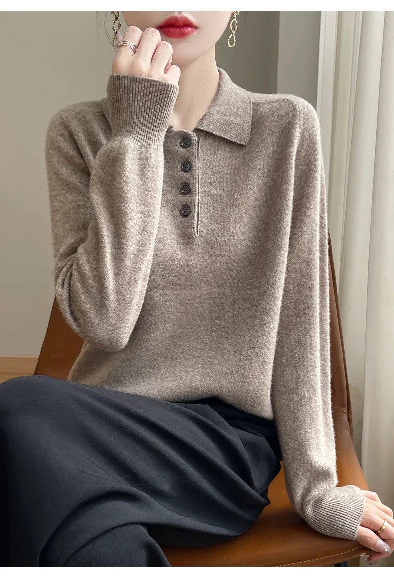 Polo Neck Pullover 100% Merino Wool Women's Solid Color Knit Top Fashion Korean Sweater Autumn and Winter Women's Clothes