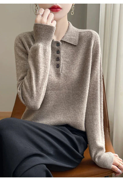 Polo Neck Pullover 100% Merino Wool Women's Solid Color Knit Top Fashion Korean Sweater Autumn and Winter Women's Clothes