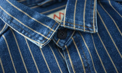 Retro Japanese Sle Men's Denim irt Cotton Long Sve Waed Striped Workwear Loose Fit Outerwear Faion Urban Youth