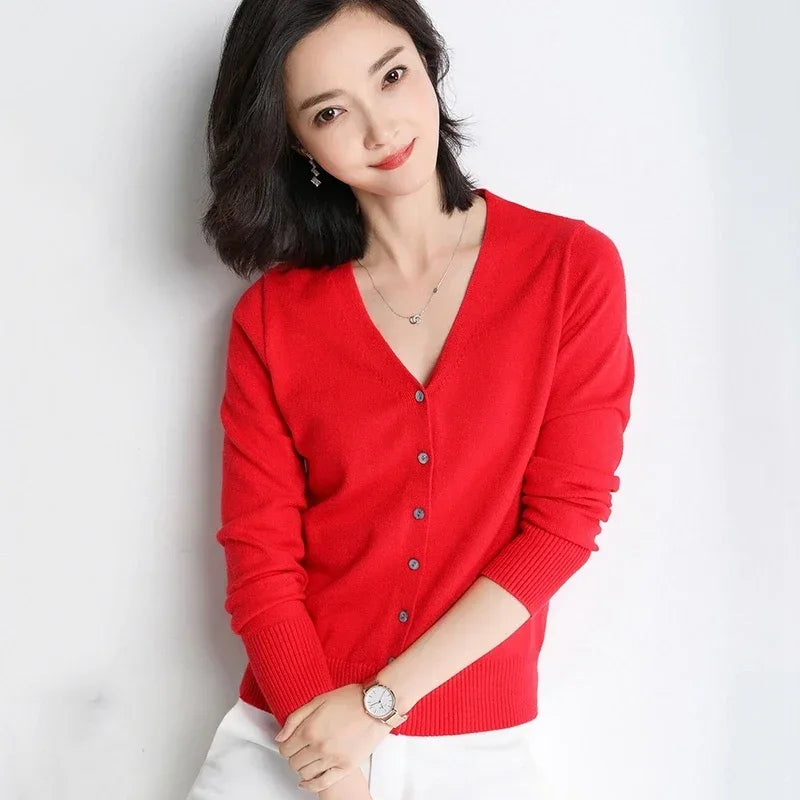 Women Cardigans V-neck Long Sleeve Knitted Outerwear Solid Thin Spring Autumn Sweaters Knitwears Korean Fashion Red Cardigans