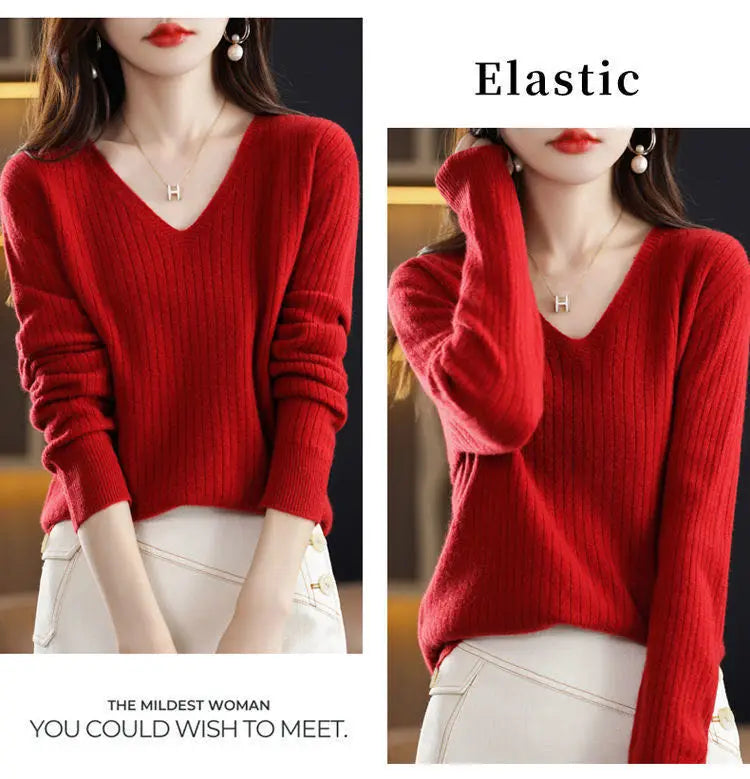 Chic Casual Autumn Winter Basic Sweater Pullovers Women V-neck Solid Knit Loose Pullover Female Long Sleeve Warm Khaki Sweater