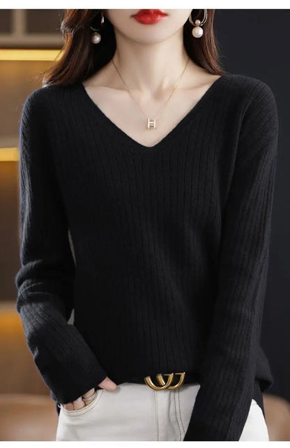 Chic Casual Autumn Winter Basic Sweater Pullovers Women V-neck Solid Knit Loose Pullover Female Long Sleeve Warm Khaki Sweater