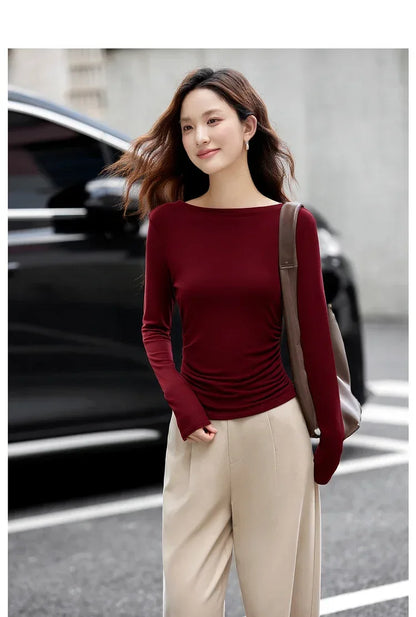 VIMLY Tops Woman 2025 Autumn French Slash Neck Long Sleeve Ladies T-shirts Casual Knitted Slim Fit Strecth Female Tees A3039