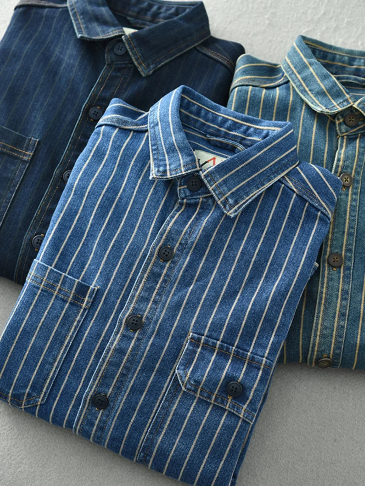 Retro Japanese Sle Men's Denim irt Cotton Long Sve Waed Striped Workwear Loose Fit Outerwear Faion Urban Youth