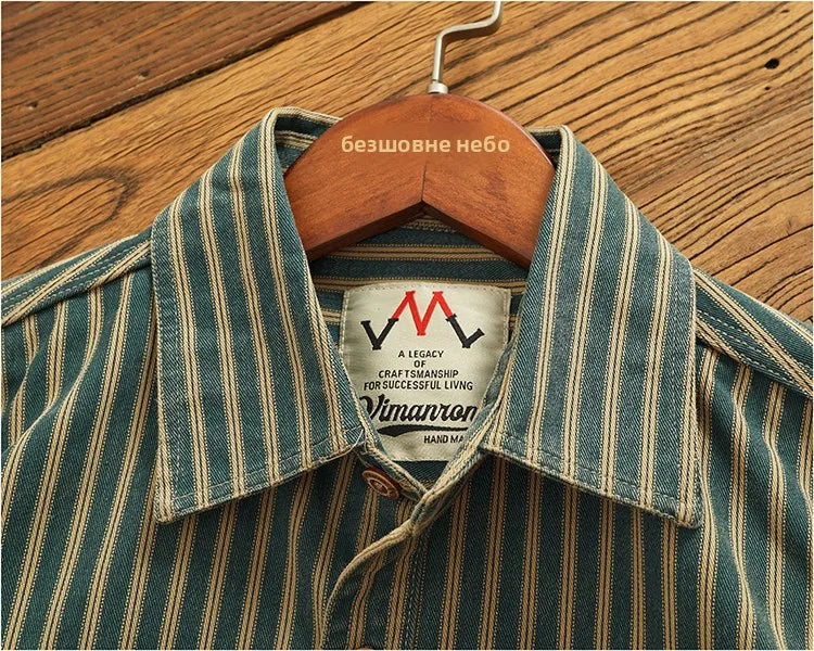 Retro Waed Distred Blue Vertical Stripe Trendy Denim irt Men's Loose American Long Sve Workwear irt Coat