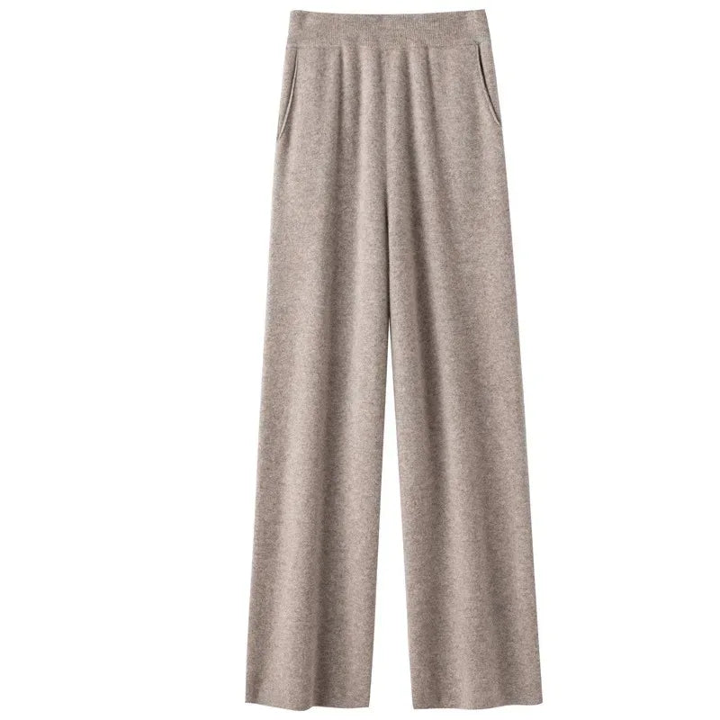 Elegant Pure High Waist Drooping Wide-Leg Pants Women's Outer Wear with Pockets Baggy Straight Trousers Knitted Mop Trousers