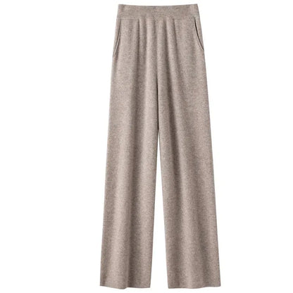 Elegant Pure High Waist Drooping Wide-Leg Pants Women's Outer Wear with Pockets Baggy Straight Trousers Knitted Mop Trousers