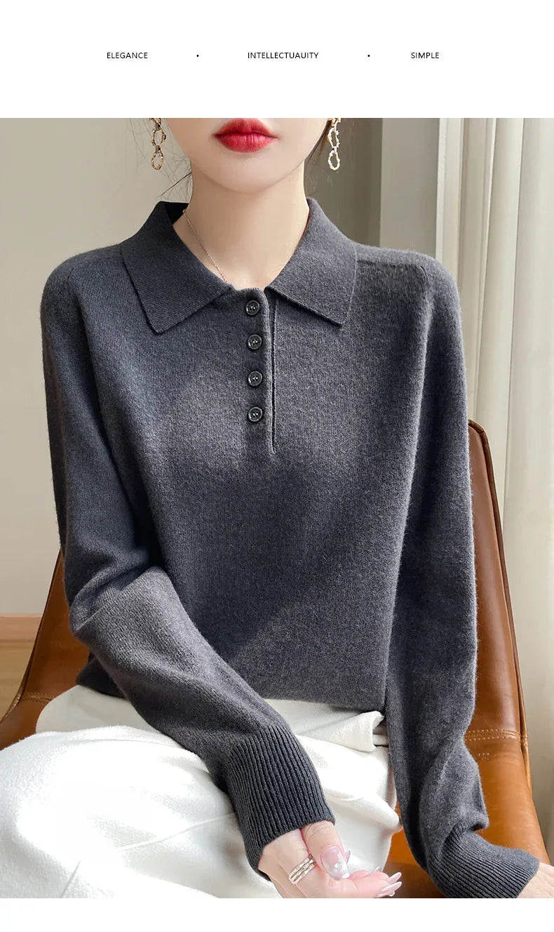 Polo Neck Pullover 100% Merino Wool Women's Solid Color Knit Top Fashion Korean Sweater Autumn and Winter Women's Clothes