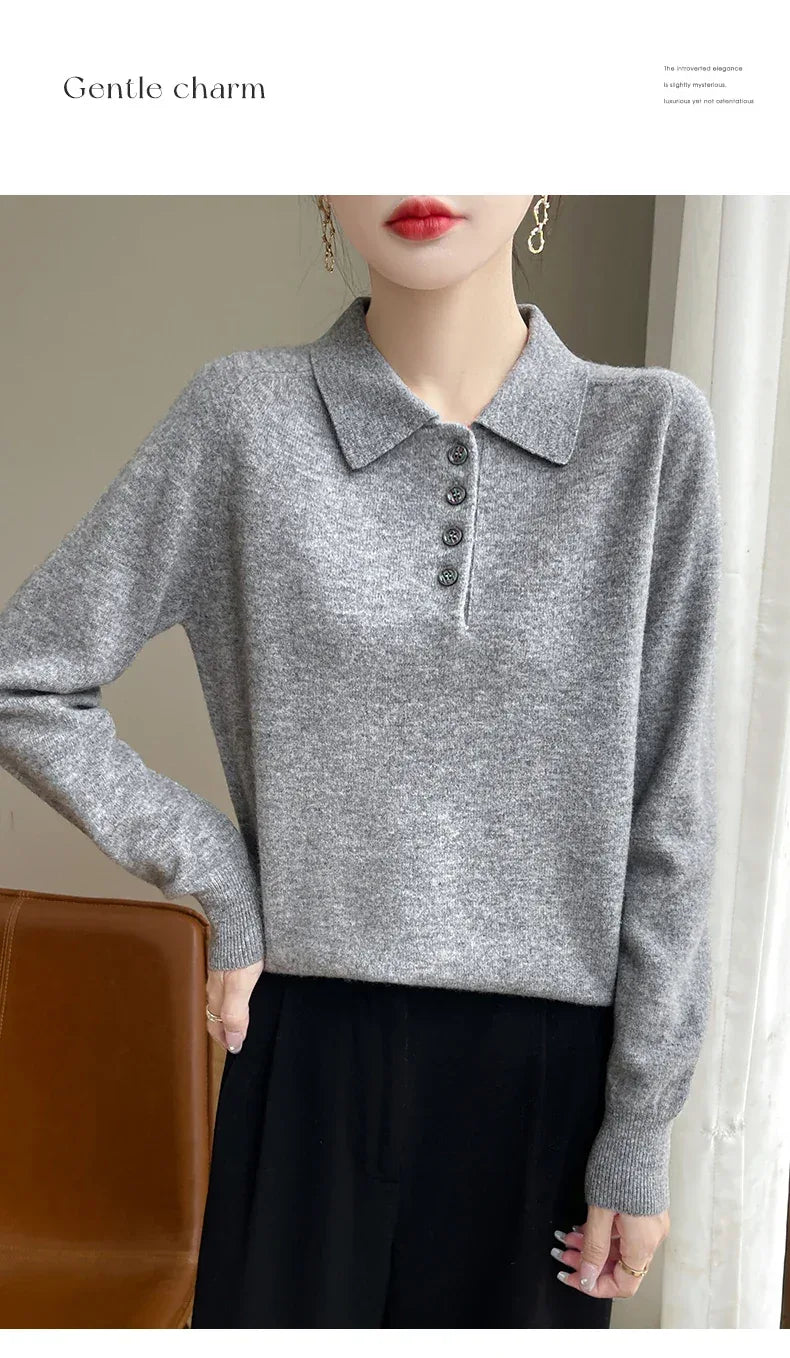 Polo Neck Pullover 100% Merino Wool Women's Solid Color Knit Top Fashion Korean Sweater Autumn and Winter Women's Clothes